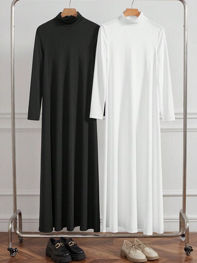 Al Najma Women's Conservative Black & White Turtleneck Knit Long Sleeve Undershirt & Abaya Dress Set, Modest Casual Tee Arabian Dresses, Under Abaya Inner Dress, Essential Basic Long Dress