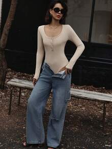 SHEIN EZwear Của phụ nữ Vạt váy một nửa dây nút Tay áo dài Áo liền quần chặt - Màu be - Xem 6