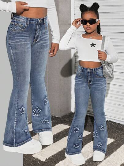 SHEIN Tween Girls' Y2K Blue Flare Jeans With Star Pattern At The Ankle,Summer Boho Nostalgia Wash Bell Bottoms Denim Pants