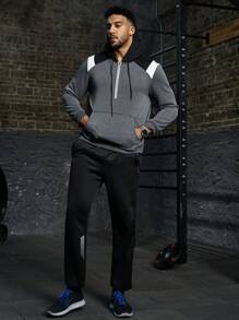 Manfinity Running 大码男式拼色套头运动衫，抽绳连帽长袖运动夹克