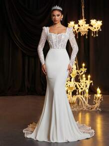 Glamrae Luxurious & Elegant White Sheer Sleeve Sweetheart Neck Embroidered Lace Splice Elastic Knit Fabric Bodysuit With See-Through Bra Cup, Fishbone Back Lacing, Mermaid Tail Dress With Embroidered Lace Overlay Trim, Suitable For Weddings, Parties, Vacations, Non-Traditional Wedding Dress, Bridal Dress,Bride, For Valentine's Day - Beige - View 3