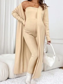 SHEIN 2pcs Maternity Solid Color Long Sleeve Simple Long Cardigan And Tube Top Jumpsuit Set - White - View 3