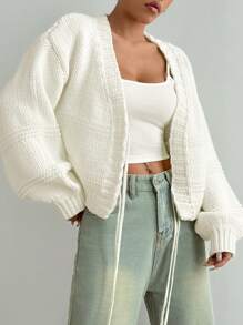 SHEIN Unity Women's Stylish Solid Color Drop Shoulder Loose Front Tie Cardigan - White - View 5