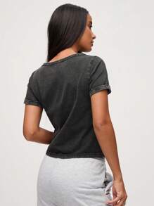 SHEIN BASICS Casual Solid Color Knitted Square Neck Short Sleeve Loose T-Shirt For Women - Dark Grey - View 2