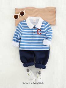 Cozy Pixies 2pcs Baby Boy Striped Stand Collar Half-Placket Long Sleeve Top And Elastic Waist Ankle-Length Pants Set - Blue - View 1