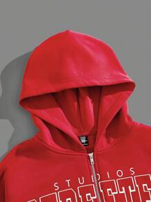 Manfinity VCAY 男士休闲字母印花落肩套头连帽衫，秋冬款 - 紅色 - 查看 5