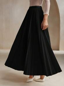 Anewsta Chân váy maxi xếp ly dáng chữ A màu trơn, cạp chun, phong cách thành thị hiện đại dành cho nữ. - màu đen - Xem 3