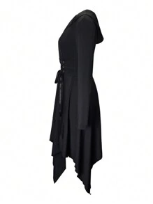 Chiquease 针织休闲收腰长袖不对称下摆连帽腰带纯色连衣裙 - 黑色 - 查看 3