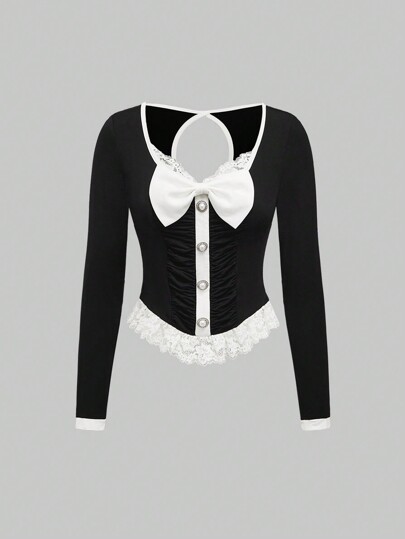 Women 2 In 1 Bowknot Splicing T-Shirt