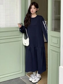 DAZY 1 件女式纯色拼接蝴蝶结装饰休闲中长连衣裙秋冬 - 藏蓝色 - 查看 5