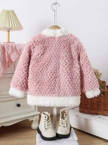 1 件女童可爱花朵口袋双排扣毛绒长袖开衫 - 粉色 - 查看 2