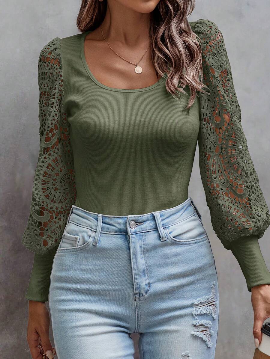 SHEIN LUNE Áo cánh ren tay đèn lồng cổ tròn trơn mùa thu cho nữ thanh lịch - xanh quân đội - Xem 1