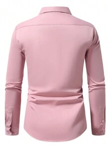 Manfinity Mode Casual Long Sleeve Button-Front Collared Shirt With Pockets, Solid Color (Not Positioned), Mens Pink Dress Shirt