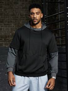 Manfinity Sport Corelite Plus Size Men's Autumn Long Sleeve Drawstring Hooded 2 In 1 Sports Sweatshirt - Black - View 1