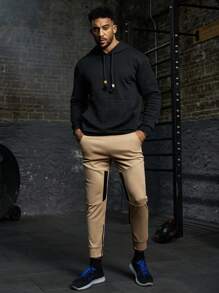 Gym Rark Plus Size Men's Solid Textured Drawstring Hooded Sweatshirt - Black - View 9