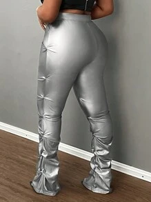 Slaydiva Quần dài đen trơn thanh lịch cỡ lớn có khóa kéo kim loại phía trước và xếp ly, thường ngày cho mùa thu/đông - Bạc - Xem 2