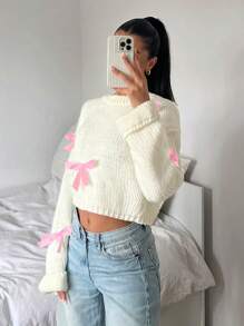 SHEIN EZwear Suéter informal de cuello redondo, manga larga, con detalle de lazo
