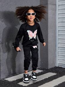 SHEIN Explorewe 年轻女孩休闲时尚蝴蝶扎染和扎染文字运动衫和裤子套装，舒适温暖，适合日常穿着、上学和旅行，甜美风格，适合春冬季 - 黑色 - 查看 3
