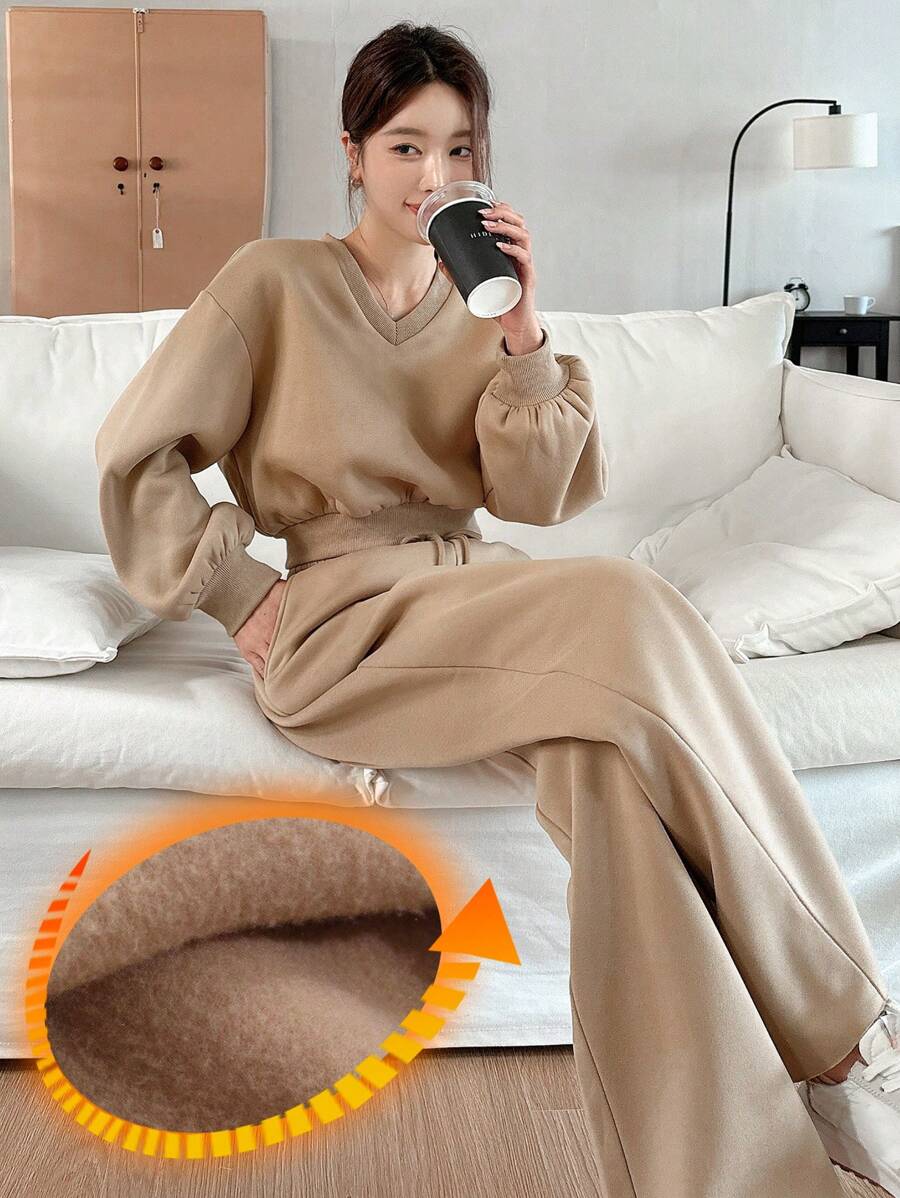 DAZY 2pcs Women's Loose Solid Color Cropped Sweatshirt And Pants Set,Fall Clothes,Thermal Lined Lounge Sets For Women - Apricot - View 1