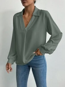 EURMUSE Camisa Casual Con Cuello Vuelto - Verde militar - Ver 5
