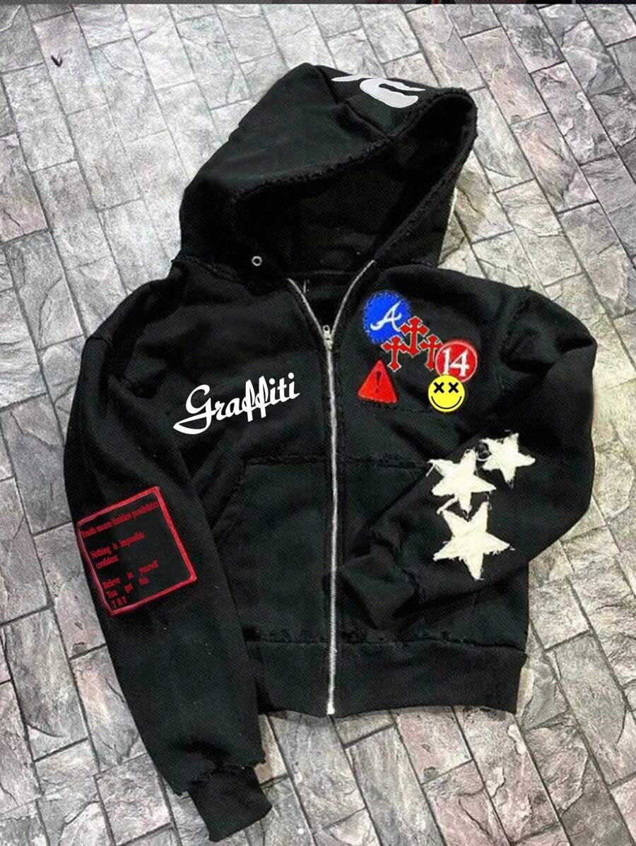 Manfinity EMRG 男士拉链前字母印花简约休闲连帽衫，黑色街头圆领运动衫 - 黑色 - 查看 1