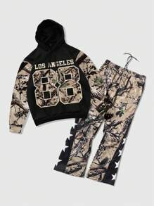 ROMWE MEN Street Life 2 件男士字母和花卉印花连帽衫和运动裤套装，休闲装 - 黑色 - 查看 1