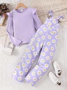 Sparklyn 2 件套 Tween Girl 雏菊花朵印花连体裤搭配紫色长袖 T 恤，度假休闲可爱装 - 紫丁香色 - 查看 8