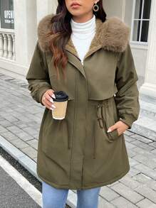 SHEIN Frenchy Manteau long rembourré décontracté pour femmes grandes tailles, vert armée, doublure thermique chaude, taille ajustable par cordon, poches, poignets côtelés coupe-vent, manteau d'hiver
