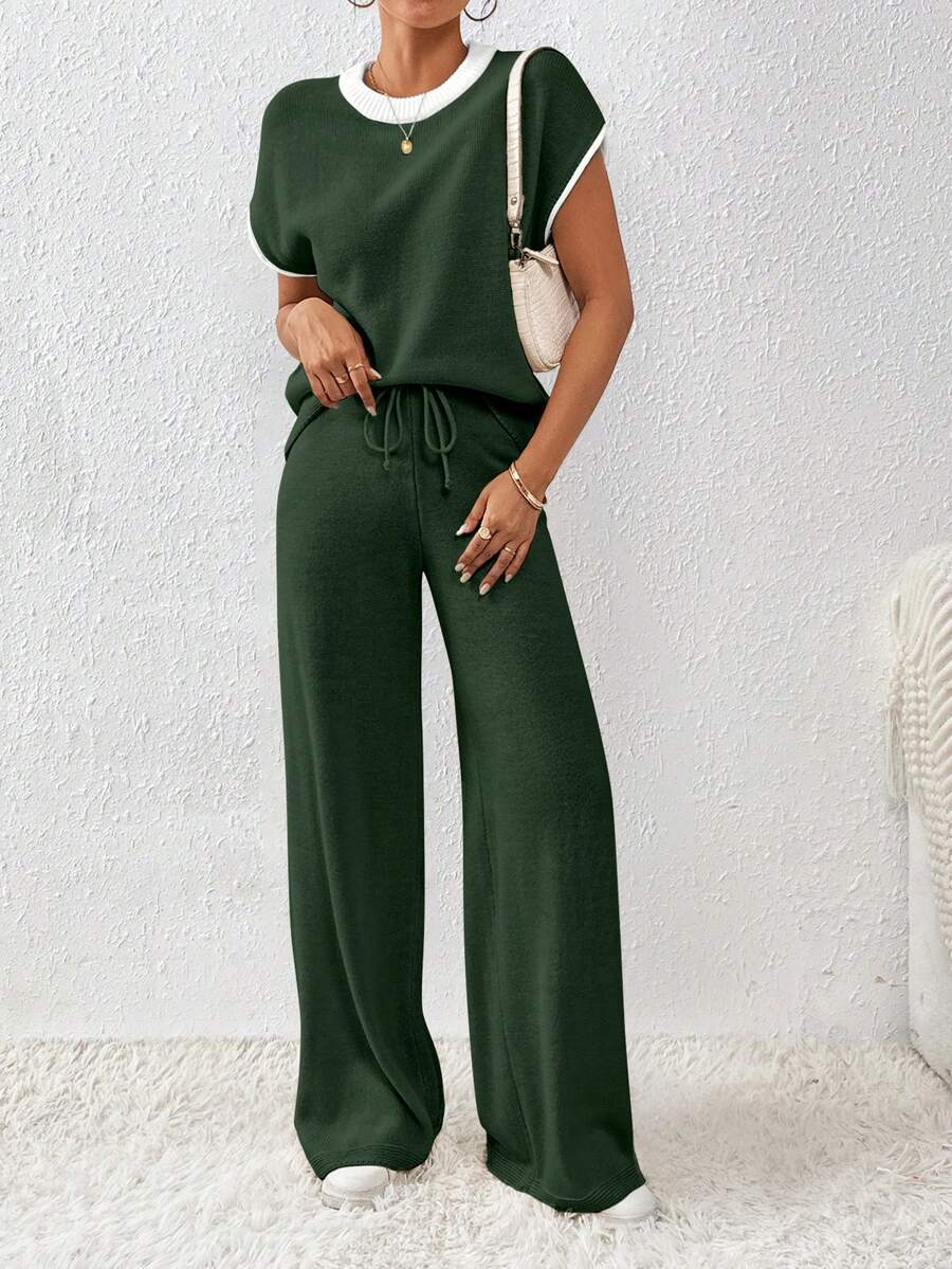 Chiquease Bộ đồ nữ 2 món rộng rãi màu tương phản thường ngày có dây rút dệt kim trên và dưới - Màu xanh lá cây đậm - Xem 1