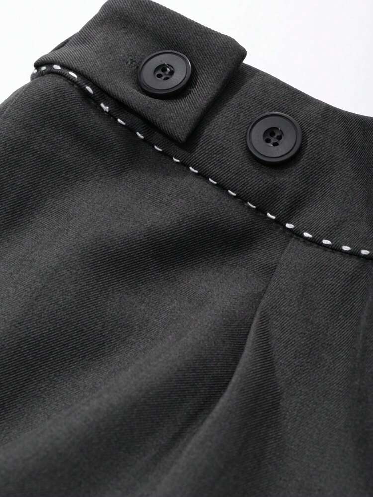 Contrast Color Drawstring Waist Wide Leg Suit Pants With Pockets For Women Business Attire