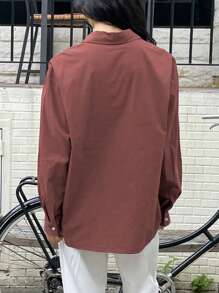 DAZY 1pc Women's Loose Fit Solid Color Letter Embroidered Turndown Collar Long Sleeve Shirt,Fall Women Clothes