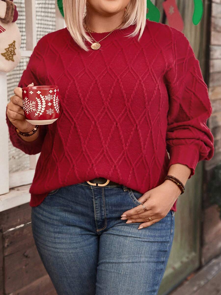 Plus Size Casual Solid Color Diamond Pattern Drop Shoulder Sweater, Autumn/Winter Knit Pullover Fall - Red - View 1