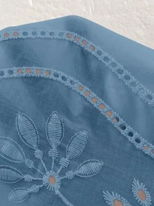 EMERY ROSE Women V-Neck Solid Color Hollow Out Embroidery 3/4 Sleeve Blouse - Dusty Blue - View 7