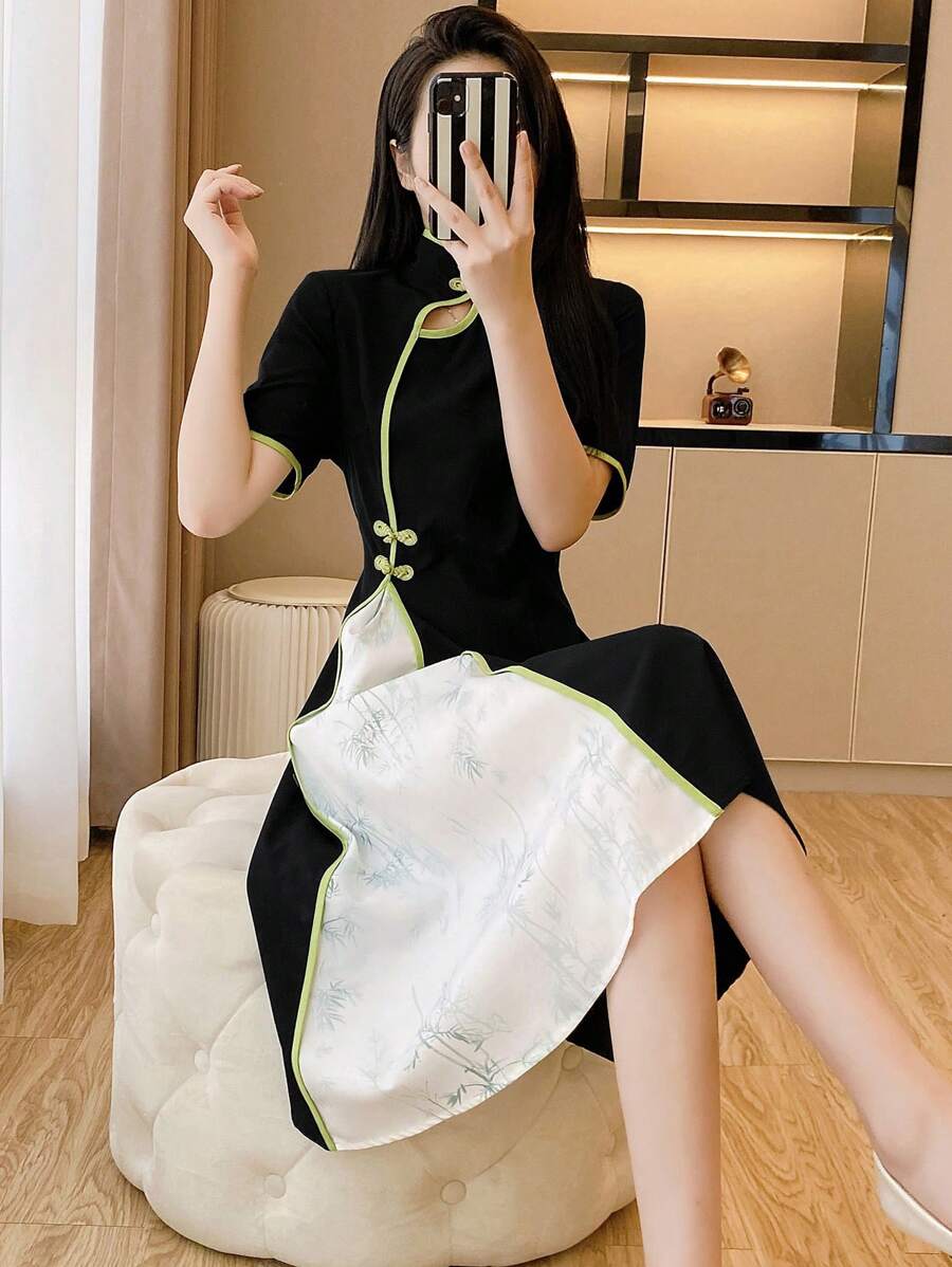 SHEIN Unity Women's Summer Turndown Collar Color Block Short Sleeve Elegant Chinese Style Midi Dress Maxi Women Outfit