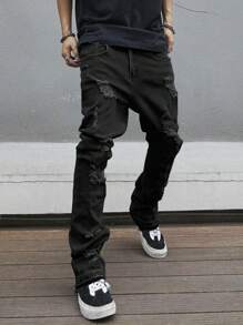 Manfinity Roughcore Quần jean denim trơn dáng ôm ống loe dài đến đầu gối cho nam, màu sắc Grunge - màu đen - Xem 4