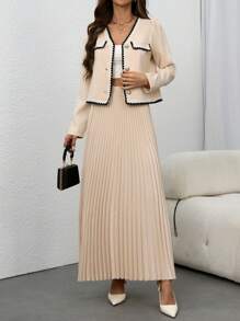 Chiquease Set de 2 piezas: Blusa de manga abullonada con ribete de color contrastante y falda plisada, para el otoño