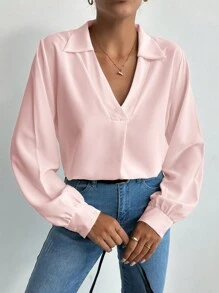 EURMUSE V-collar Lantern Sleeve Solid Blouse - Pink - View 4
