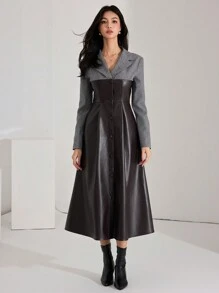 Heiryn Vestido coreano elegante de salir con cuello, de estilo elegante y de contraste de color con revestimiento de piel sintética - Multicolor - Ver 5