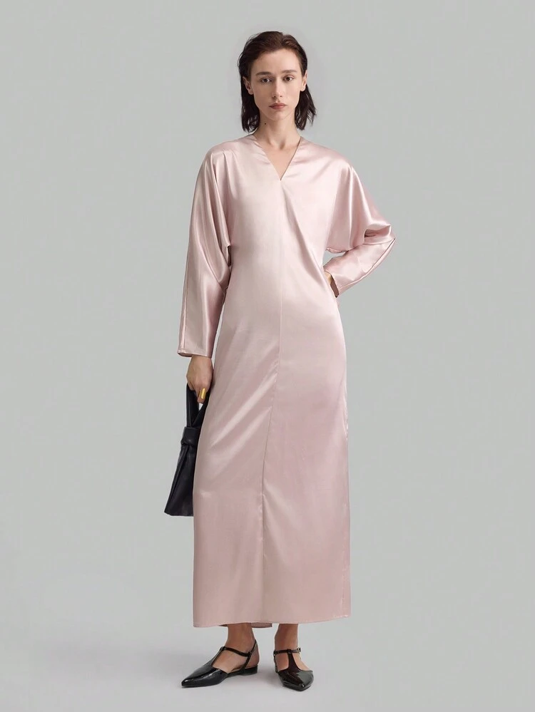 Women's Solid Color V-Neck Long Sleeve Silk Minimalist Dress, Casual Everyday Wear