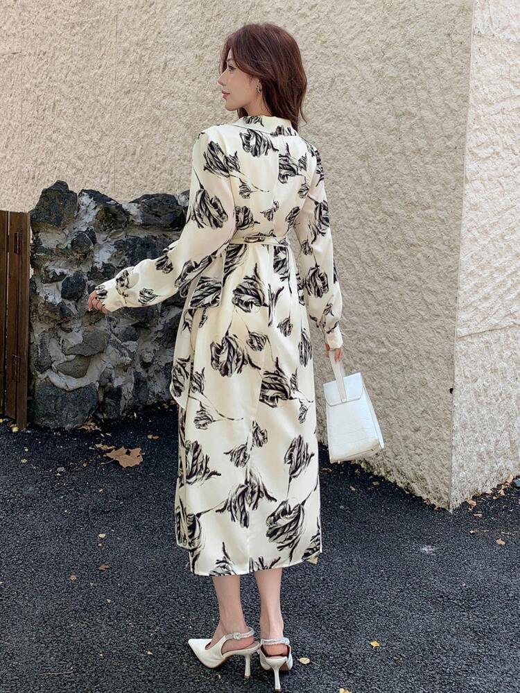 Elegant Floral Print Layered Strap Mid-Length Dress For Women, Autumn,Fall Women Clothes Long Sleeve Dress