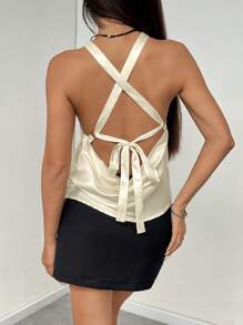 SHEIN EZwear Women's Solid Color Spaghetti Strap Tie Back Casual Tank Top - Apricot - View 2