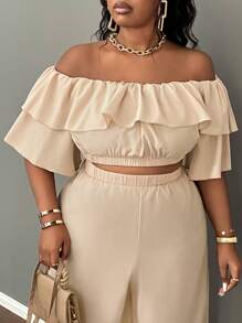 Slaydiva 女式大码露肩荷叶边下摆阔腿裤套装，休闲基本款