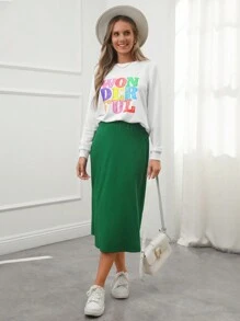 Wildy 2pcs Women Print Sweatshirt & Fitted Green Midi Skirt Set