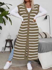 Flirla Plus Size Colorblock Striped Front Button Casual Long Cardigan, For Daily Wear - Multicolor - View 3