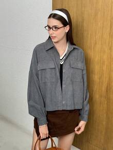 INAWLY Áo khoác bomber vải nhung màu trơn thường ngày mùa xuân thu dành cho nữ - Xám - Xem 5