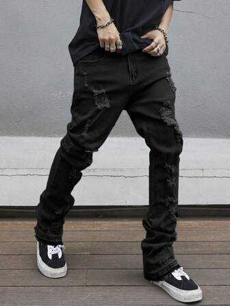 Manfinity Roughcore Men Tight Flare Hem Full Length Distressed Pockets Plain Color Denim Jeans, Grunge