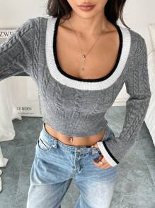 SHEIN Unity Women Contrast Trim Crew Neck Long Sleeve Casual Sweater, Knit Pullover Fall Winter - Grey - View 4