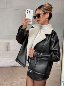 SHEIN Privé 1 pezzo Giacca in pelliccia sintetica con maniche lunghe per donna - nero - Visualizzare 6