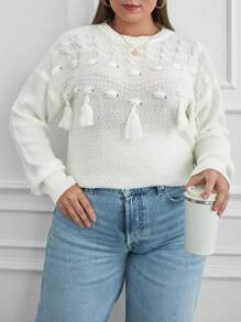 RueChic Plus Cable Knit Tassel Crochet Detail Regular Fit Sweater - Black and White - View 6
