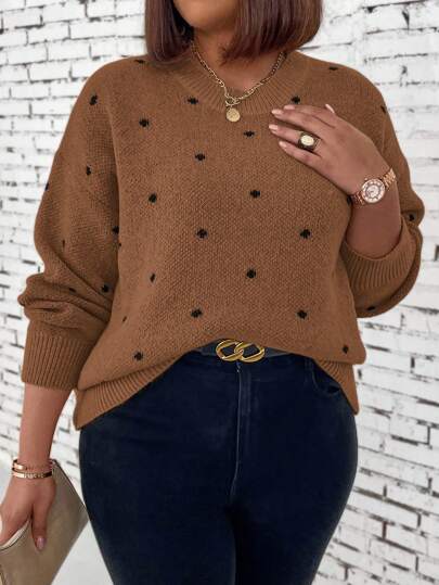 SHEIN Suéter feminino plus size de bolinhas, gola redonda, ombros caídos e mangas compridas, estilo pulôver casual para outono/inverno.